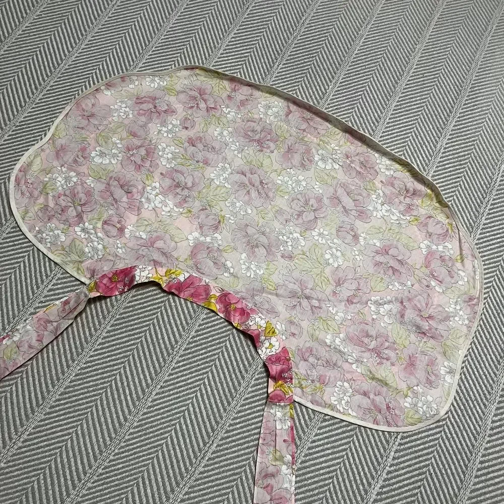 Pink Half Apron 60s Barbie Style Vintage Floral Yellow Ric Rac Pocket Waist Ties